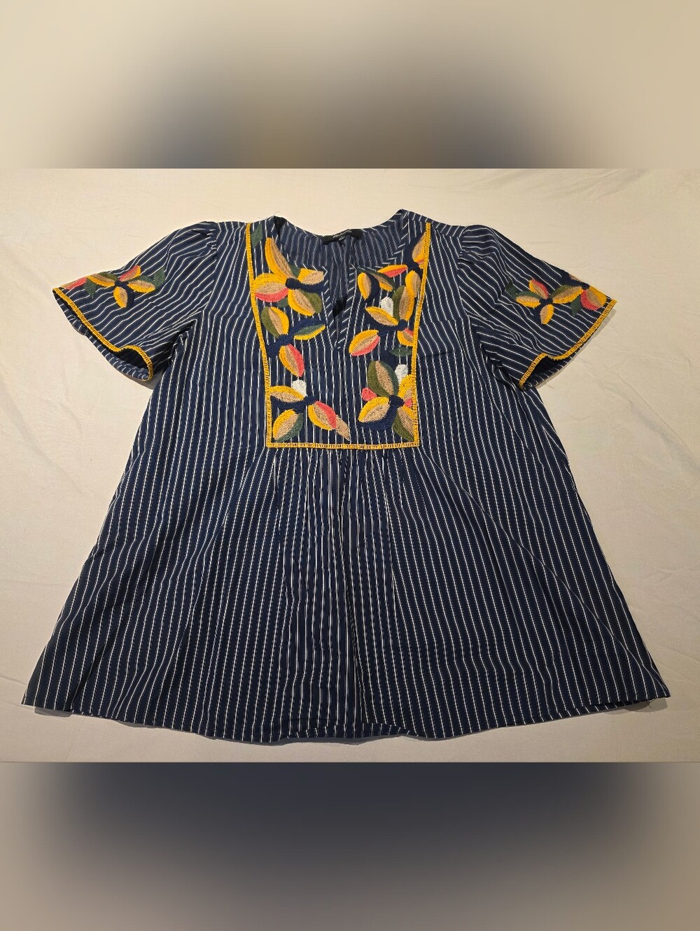 Madewell Embroidered Fable Top Striped Cotton Blouse Small Navy White Floral